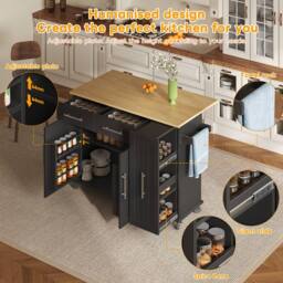 Merax Rolling Kitchen Island Trolley with Drop Leaf & Pull Out Storage in Black - thumbnail 6