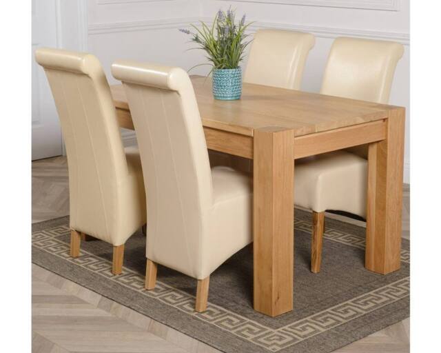 Thats Furniture Kuba 150 x 85cm Chunky Medium Oak Dining Table & 4 Montana Leather Chairs in Cream - Size: 150 x 85 cm - image 1