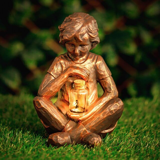 Marco Paul Solar Powered Bronze Boy with Firefly Jar Garden Ornament - image 1