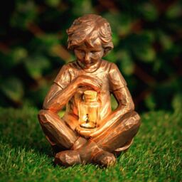 Marco Paul Solar Powered Bronze Boy with Firefly Jar Garden Ornament - thumbnail 1