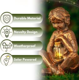Marco Paul Solar Powered Bronze Boy with Firefly Jar Garden Ornament - thumbnail 7