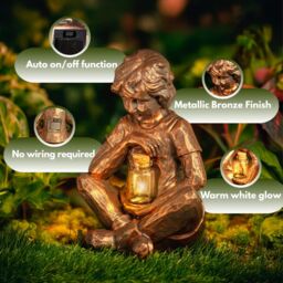 Marco Paul Solar Powered Bronze Boy with Firefly Jar Garden Ornament - thumbnail 3