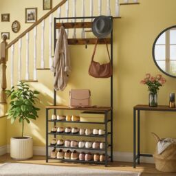 Storvo Coat Rack Stand With 5 Tier Shoe Bench in Brown