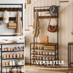 Storvo Coat Rack Stand With 5 Tier Shoe Bench in Brown - thumbnail 7