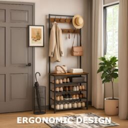 Storvo Coat Rack Stand With 5 Tier Shoe Bench in Brown - thumbnail 6