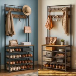 Storvo Coat Rack Stand With 5 Tier Shoe Bench in Brown - thumbnail 2
