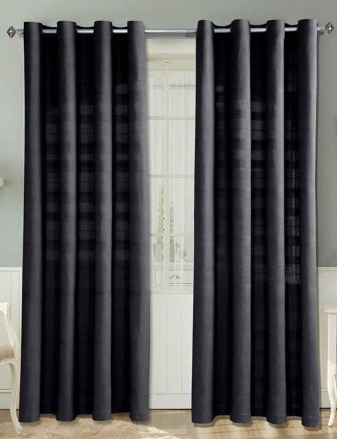 Homescapes Cotton Rajput Ribbed Curtain Pair in Black - Size: 167 cm width x 183 cm drop - image 1