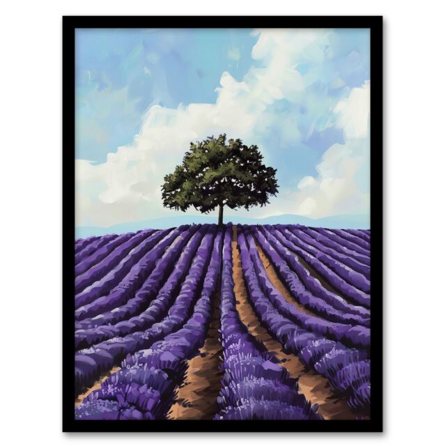 Artery8 Lone Tree Lavender Fields Painting Purple Nature Framed Art Print - Size: A4 - image 1