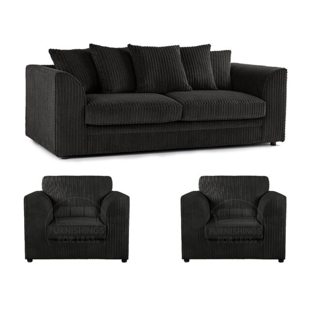 Furnishings For Less UK Luxor Jumbo Cord 3 + 1 + 1 Fabric 3 Piece Sofa Suite - Scatter Back in Black - image 1