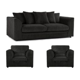 Furnishings For Less UK Luxor Jumbo Cord 3 + 1 + 1 Fabric 3 Piece Sofa Suite - Scatter Back in Black