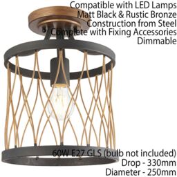 Loops Flush Ceiling Mount Light Black & Bronze Round Rustic Vintage Metal Wire Lamp - thumbnail 2