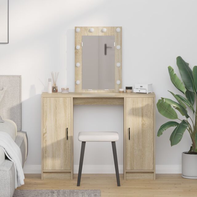 Berkfield Home Dressing Table with LED Lights in Sonoma Oak, 102x33x135 cm in Beige - Size: 102 x 33 x 135 cm - image 1