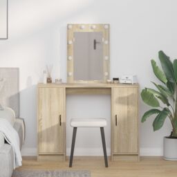 Berkfield Home Dressing Table with LED Lights in Sonoma Oak, 102x33x135 cm in Beige - Size: 102 x 33 x 135 cm
