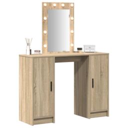 Berkfield Home Dressing Table with LED Lights in Sonoma Oak, 102x33x135 cm in Beige - Size: 102 x 33 x 135 cm - thumbnail 3