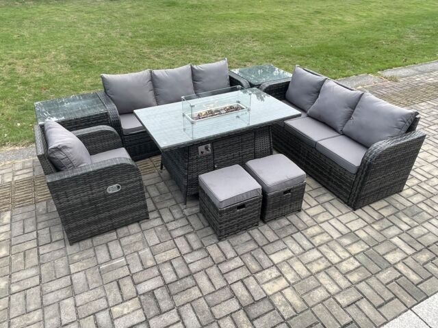 Fimous 9 Seater Wicker Rattan Garden Furniture Set Gas Fire Pit Dining Table Reclining Chair 3 Seater Sofa Set Indoor Outdoor with Side Table - image 1
