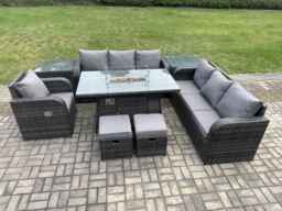 Fimous 9 Seater Wicker Rattan Garden Furniture Set Gas Fire Pit Dining Table Reclining Chair 3 Seater Sofa Set Indoor Outdoor with Side Table - thumbnail 3