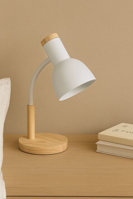 Living and Home White Table Lamp with Flexible Arm and Wooden Base - image 1