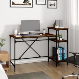 Berkfield Home Desk with Shelves Smoked Oak 135x50x90 cm Engineered Wood&Iron in Brown - Size: 135 x 50 x 90 cm - thumbnail 3