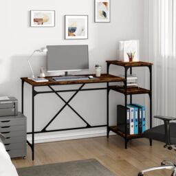 Berkfield Home Desk with Shelves Smoked Oak 135x50x90 cm Engineered Wood&Iron in Brown - Size: 135 x 50 x 90 cm - thumbnail 1