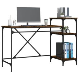 Berkfield Home Desk with Shelves Smoked Oak 135x50x90 cm Engineered Wood&Iron in Brown - Size: 135 x 50 x 90 cm - thumbnail 4