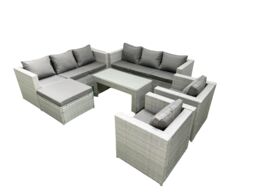 Fimous Outdoor Garden Furniture Rattan Sofa Set with 2 Armchairs Oblong Coffee Table Big Footstool Light Grey Mixed - thumbnail 2