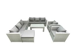 Fimous Outdoor Garden Furniture Rattan Sofa Set with 2 Armchairs Oblong Coffee Table Big Footstool Light Grey Mixed - thumbnail 1