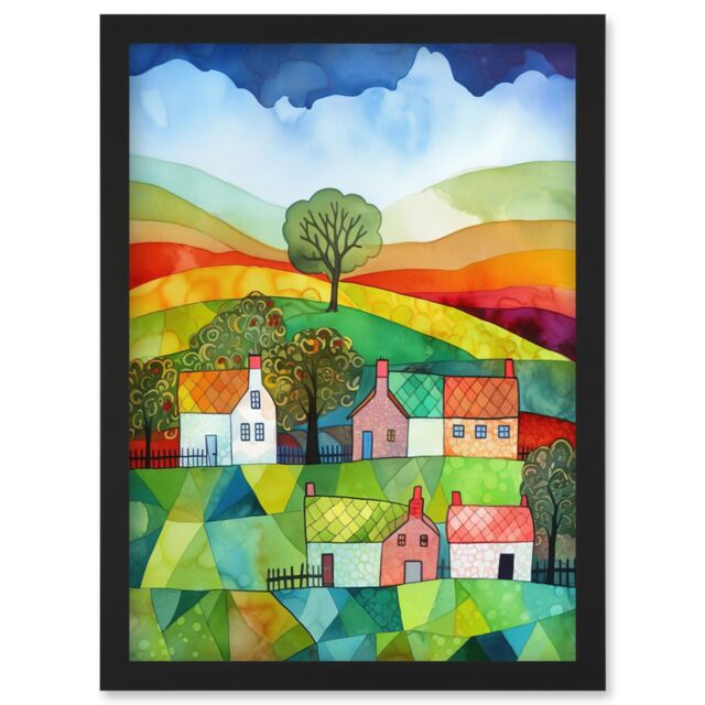 Artery8 Rural Landscape Rainbow Countryside Folk Art Watercolour Painting Artwork Framed Wall Art Print A4 in Black - image 1