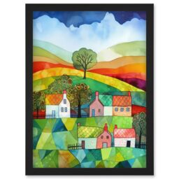 Artery8 Rural Landscape Rainbow Countryside Folk Art Watercolour Painting Artwork Framed Wall Art Print A4 in Black - thumbnail 1