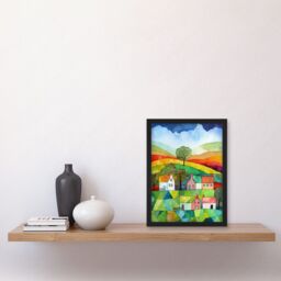 Artery8 Rural Landscape Rainbow Countryside Folk Art Watercolour Painting Artwork Framed Wall Art Print A4 in Black - thumbnail 2