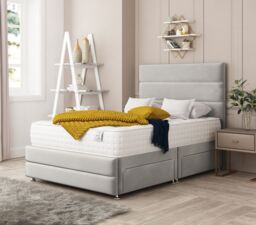 "Bed Choices Valencia Upholstered Divan Bed With 4 drawers, Mattress & 26"" Headboard in Silver - Size: Double"