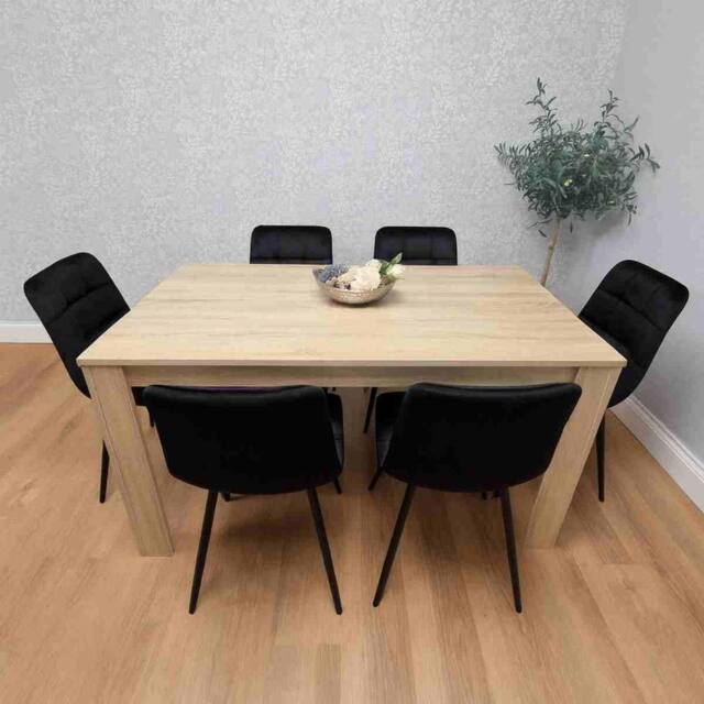 KOSY KOALA Oak Effect Dining Table Set With 6 Black Velvet Chairs in Light Oak - image 1