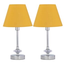 First Choice Lighting Set of 2 Chrome Jewelled Table Lamps with Ochre Yellow Shades in Silver - thumbnail 1