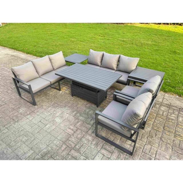 Fimous Aluminum 8-Seater Patio Set with Lifting Table, 2 Chairs, 2 Side Tables in Dark Grey - image 1
