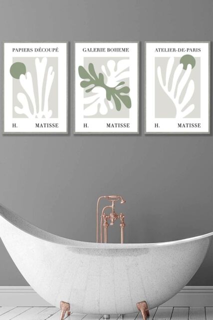 ARTZE Set of 3 Light Grey Framed Matisse Floral Cut Out Style in Green & Beige Wall Art in Light Green - Size: W33 cm x H45 cm x D20mm - image 1
