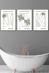 ARTZE Set of 3 Light Grey Framed Matisse Floral Cut Out Style in Green & Beige Wall Art in Light Green - Size: W33 cm x H45 cm x D20mm - thumbnail 1