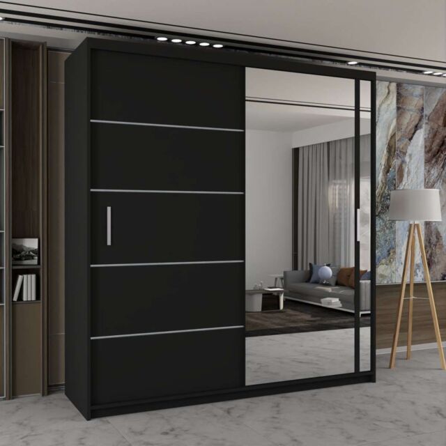 Sliding Wardrobes 4U Modern Double Sliding Wardrobe with LED Light W203cm x H217cm x D62cm in Black - image 1