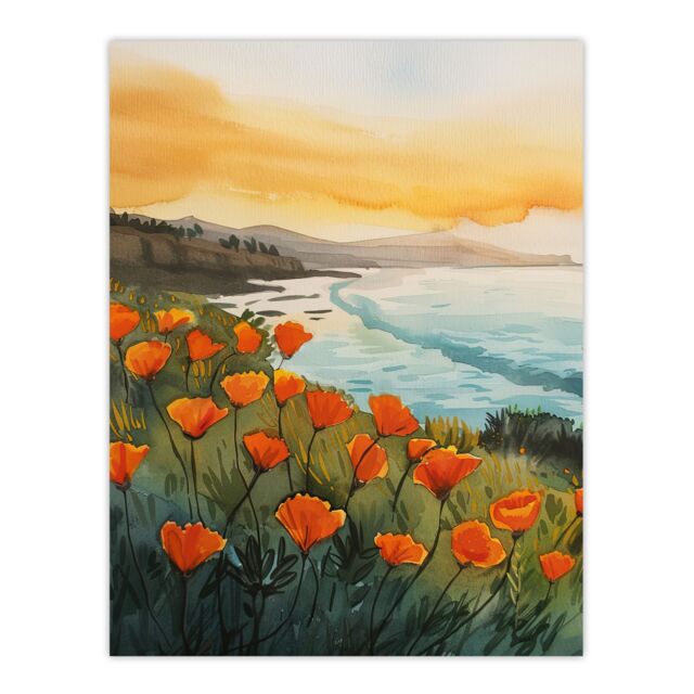 "Artery8 Shoreline California Poppies Floral Watercolour Wall Art Print - Size: W12"" x H16""" - image 1