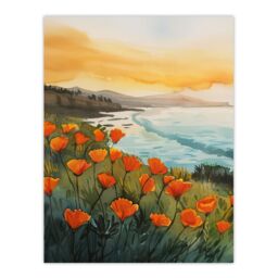 "Artery8 Shoreline California Poppies Floral Watercolour Wall Art Print - Size: W12"" x H16""" - thumbnail 1