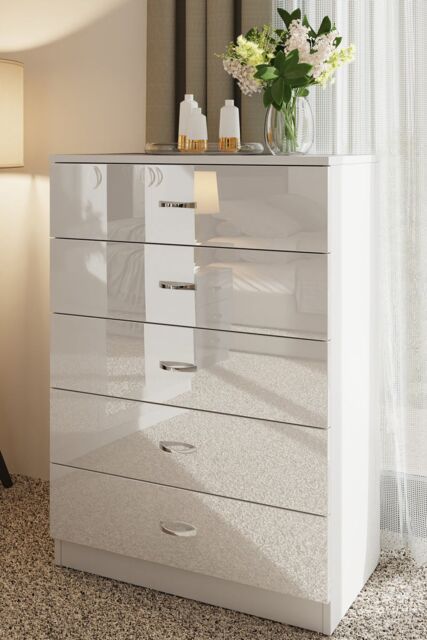 FWStyle Chilton White Gloss 5 Drawer Chest (H) 100cm (W) 70cm (D) 40cm - image 1