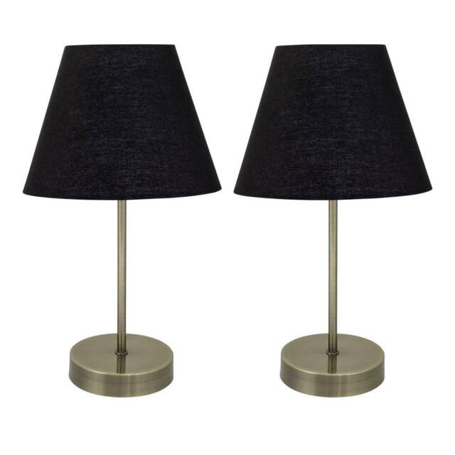 First Choice Lighting Set of 2 Antique Brass Stick Table Lamps with Black Fabric Shades in Bronze - image 1