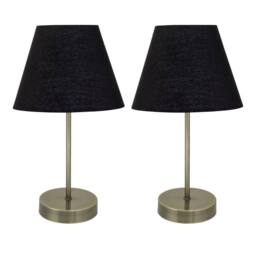 First Choice Lighting Set of 2 Antique Brass Stick Table Lamps with Black Fabric Shades in Bronze