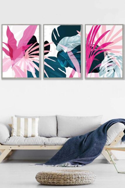 ARTZE Set of 3 Light Grey Framed Abstract Pink & Blue Tropical Triptych Wall Art - Size: W33 cm x H45 cm x D20mm - image 1