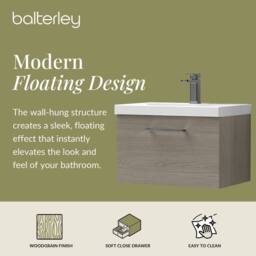 Balterley 600mm Wall Hung 1 Drawer Vanity Basin Unit, Mid Oak, Pewter Handle in Brown - thumbnail 2