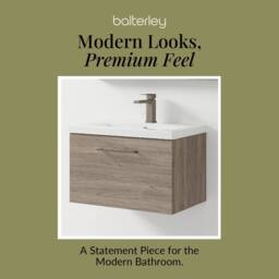 Balterley 600mm Wall Hung 1 Drawer Vanity Basin Unit, Mid Oak, Pewter Handle in Brown - thumbnail 7