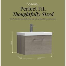 Balterley 600mm Wall Hung 1 Drawer Vanity Basin Unit, Mid Oak, Pewter Handle in Brown - thumbnail 5