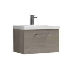 Balterley 600mm Wall Hung 1 Drawer Vanity Basin Unit, Mid Oak, Pewter Handle in Brown
