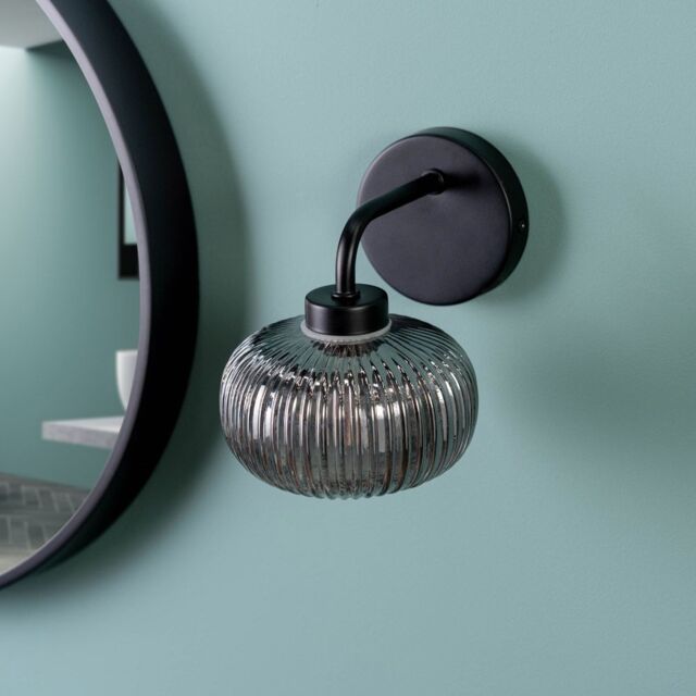ValueLights Amaia Pair of Matte Black IP44 Rated Single Smoked Ribbed Glass Wall Lights - image 1
