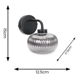 ValueLights Amaia Pair of Matte Black IP44 Rated Single Smoked Ribbed Glass Wall Lights - thumbnail 6