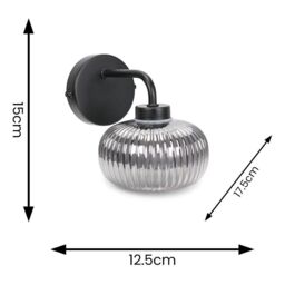 ValueLights Amaia Pair of Matte Black IP44 Rated Single Smoked Ribbed Glass Wall Lights - thumbnail 5