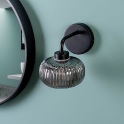 ValueLights Amaia Pair of Matte Black IP44 Rated Single Smoked Ribbed Glass Wall Lights - thumbnail 1